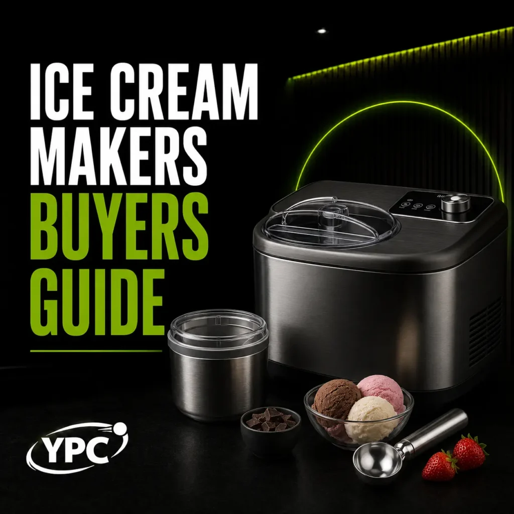 Ice Cream Maker Buyers Guide graphic with ice cream maker, removable bowl, ice cream scoops, scoop, strawberries and YPC logo