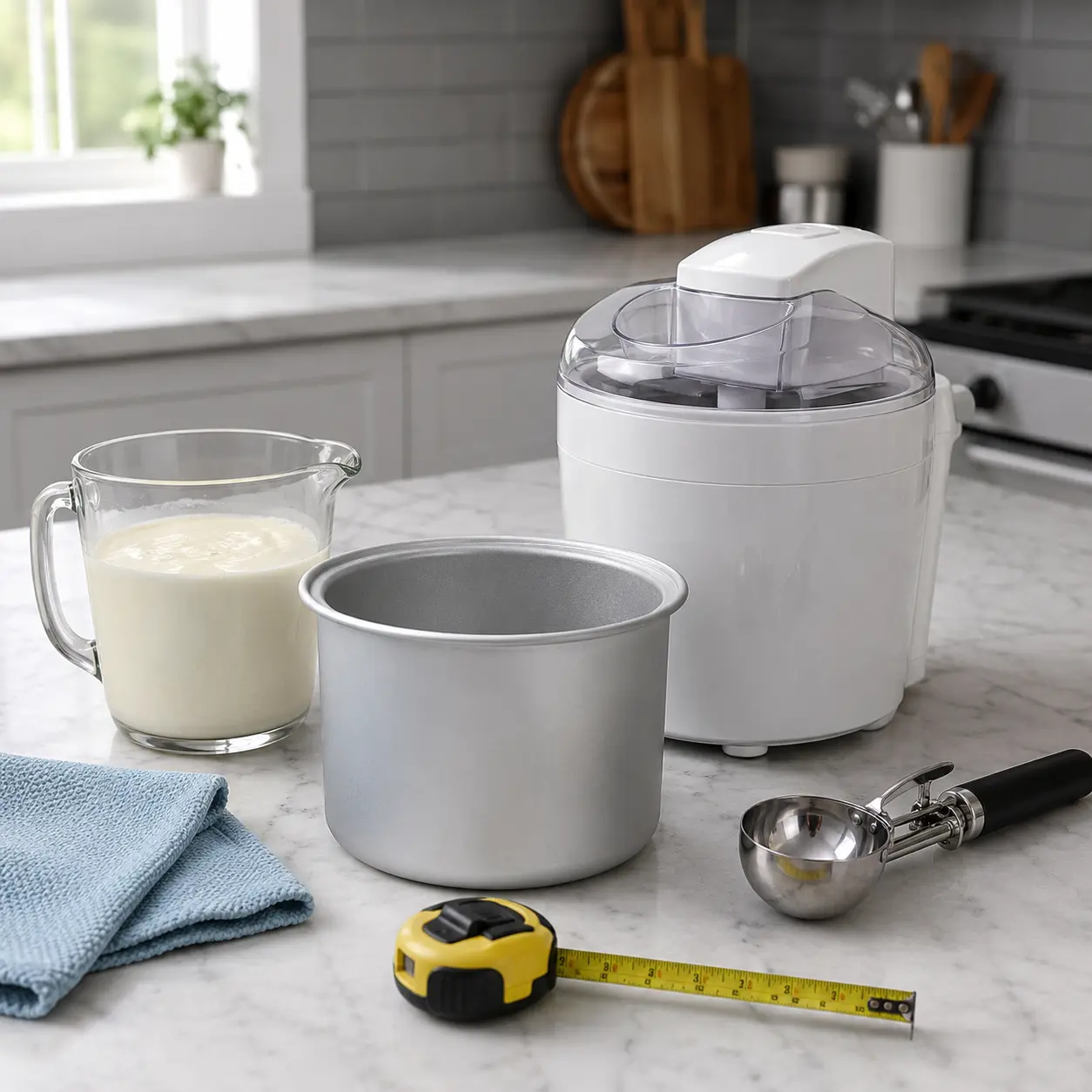 Ice cream maker with bowl chilled mixture scoop measuring tape and cleaning cloth