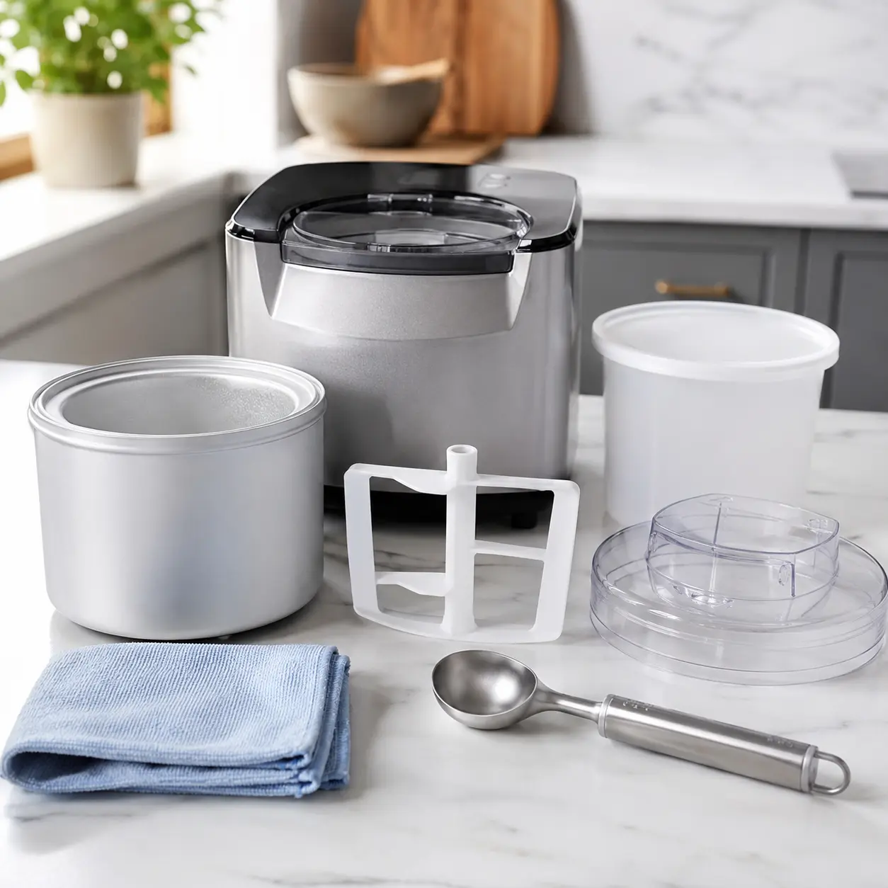Ice cream maker with removable bowl paddle lid scoop tub and cleaning cloth