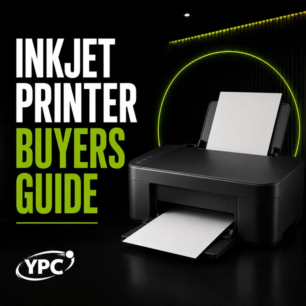 Inkjet Printer Buyers Guide graphic with black printer, paper and YPC logo