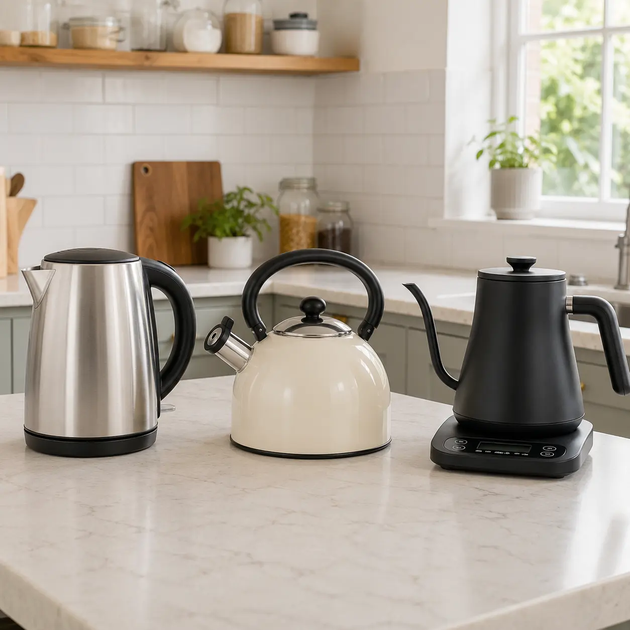 Jug dome and temperature control kettles compared on a kitchen worktop