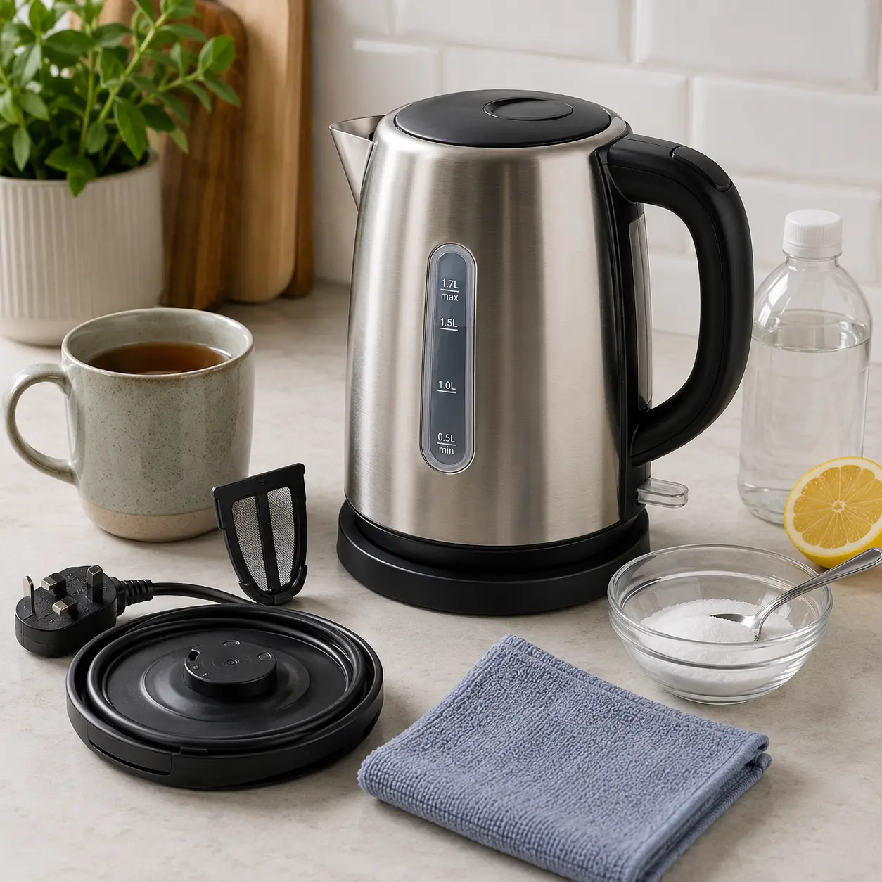 Kettle with base water level window removable filter mug cable and cleaning cloth