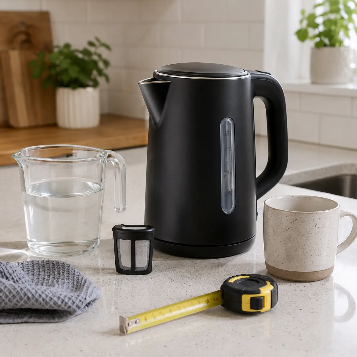 Kettle with water jug limescale filter mug measuring tape and cleaning cloth