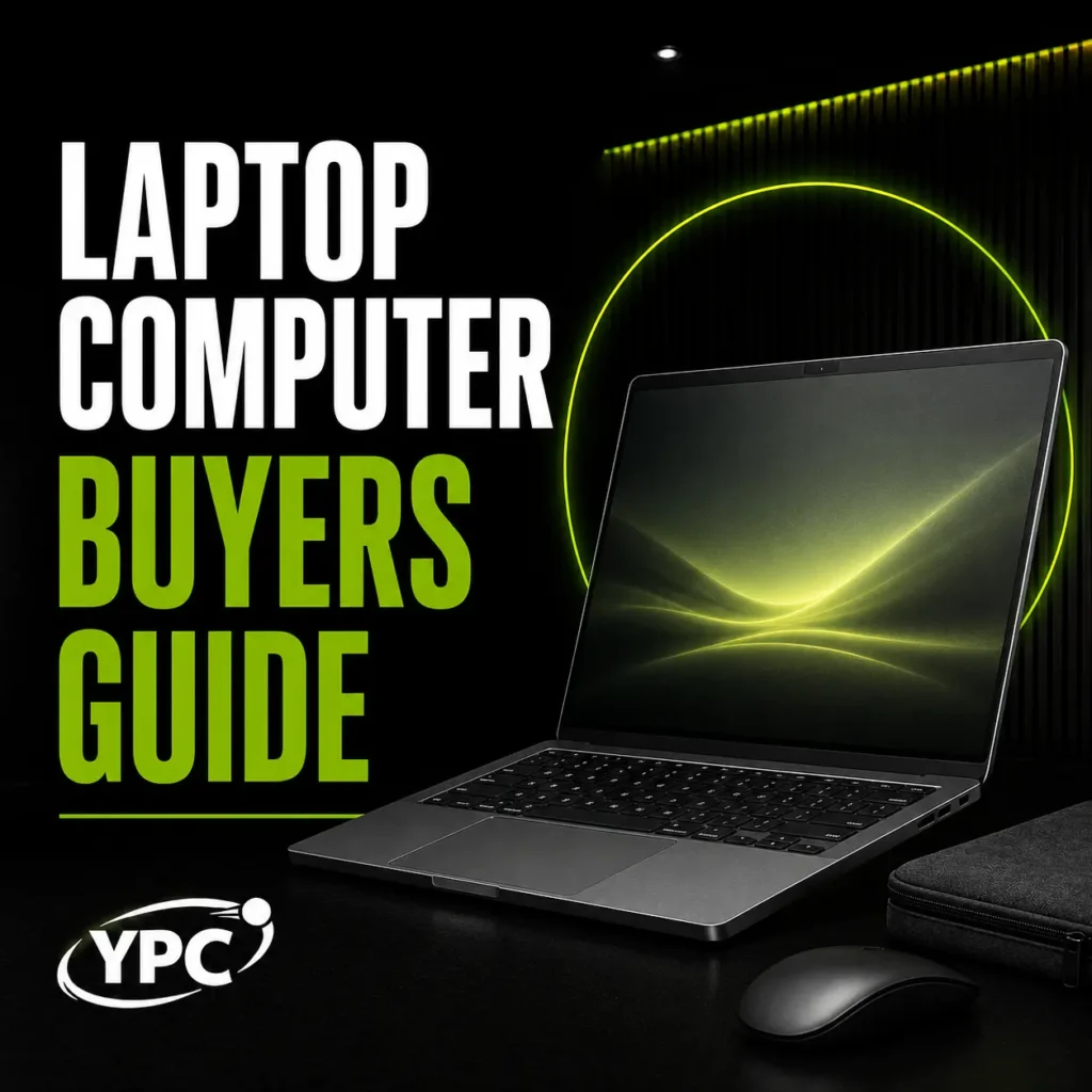 Laptop Computer Buyers Guide graphic with black laptop, mouse, protective case and YPC logo