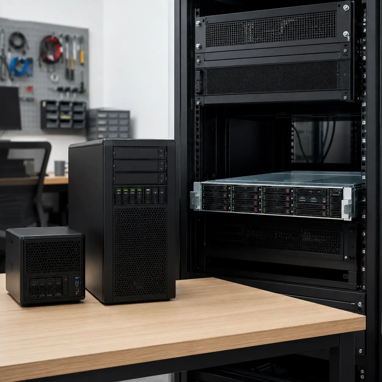 Microserver, tower server and rackmount server compared in a professional workspace