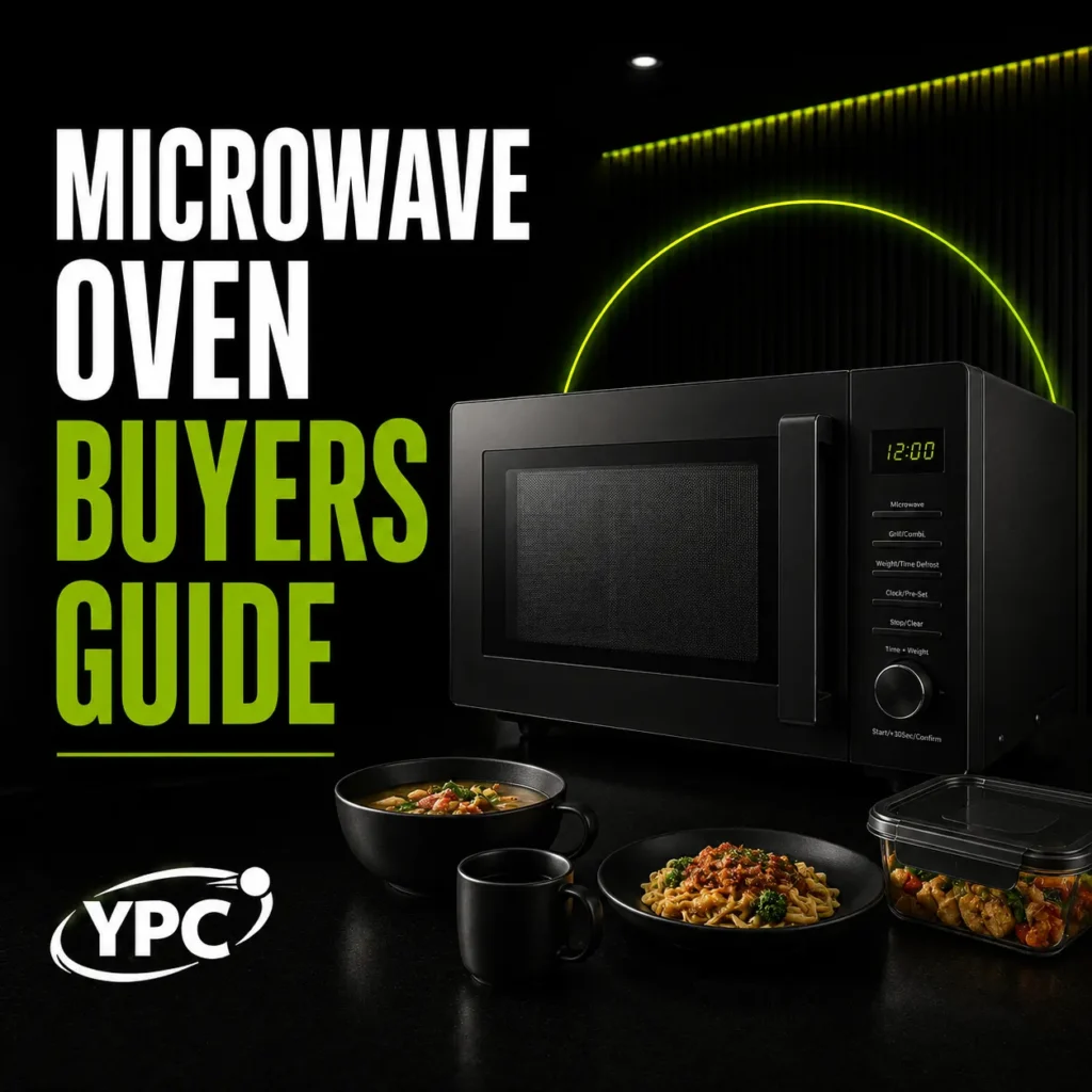 Microwave Oven Buyers Guide graphic with black microwave oven, bowl, mug and YPC logo