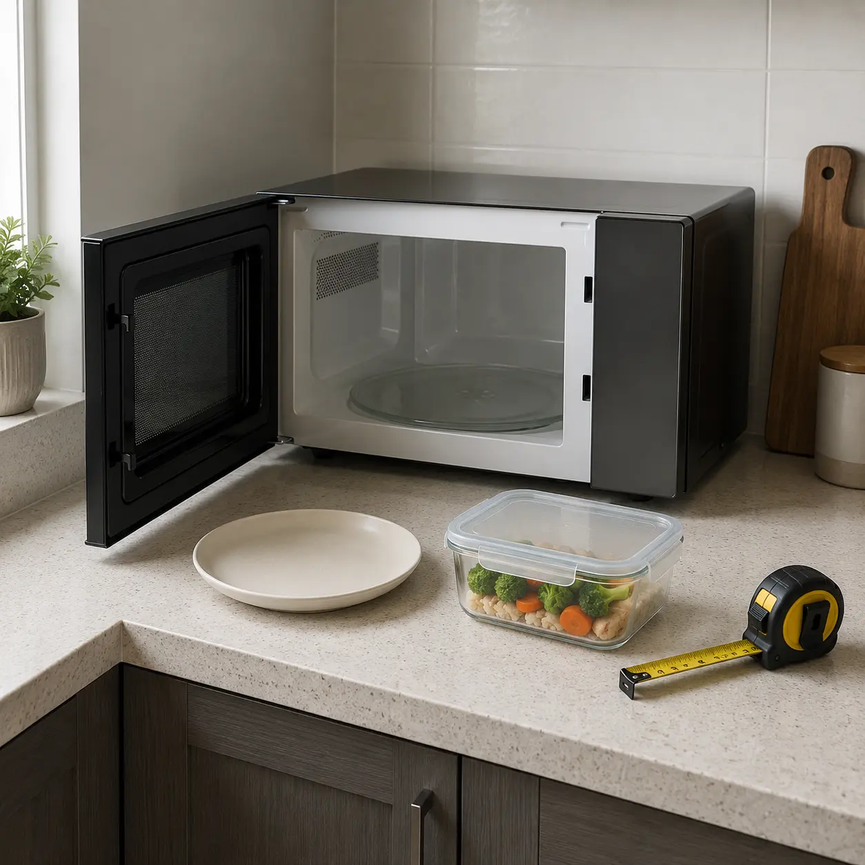 Microwave oven with open door plate container measuring tape and clear space for buying checks