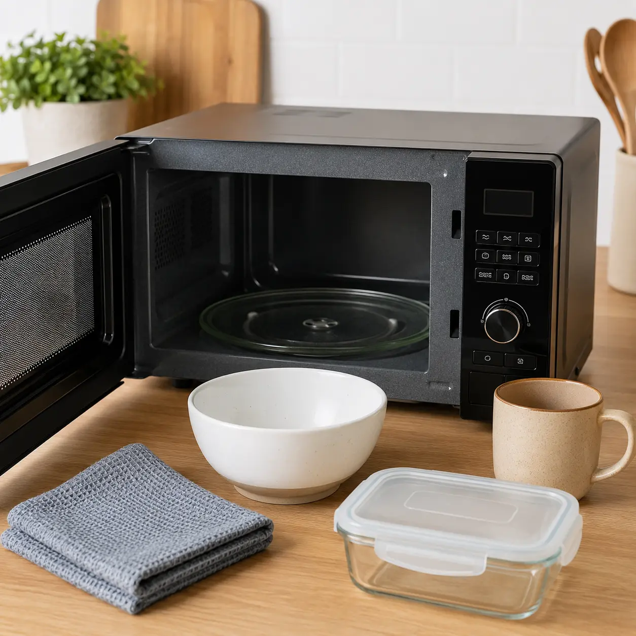 Microwave oven with turntable bowl mug food container and cleaning cloth