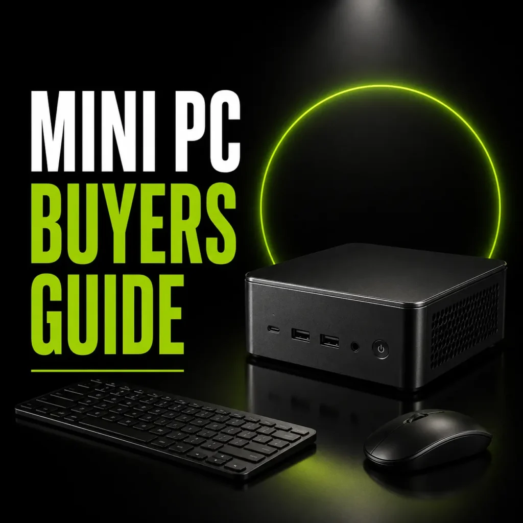 Mini PC Buyers Guide graphic with black mini computer, keyboard, mouse and YPC logo