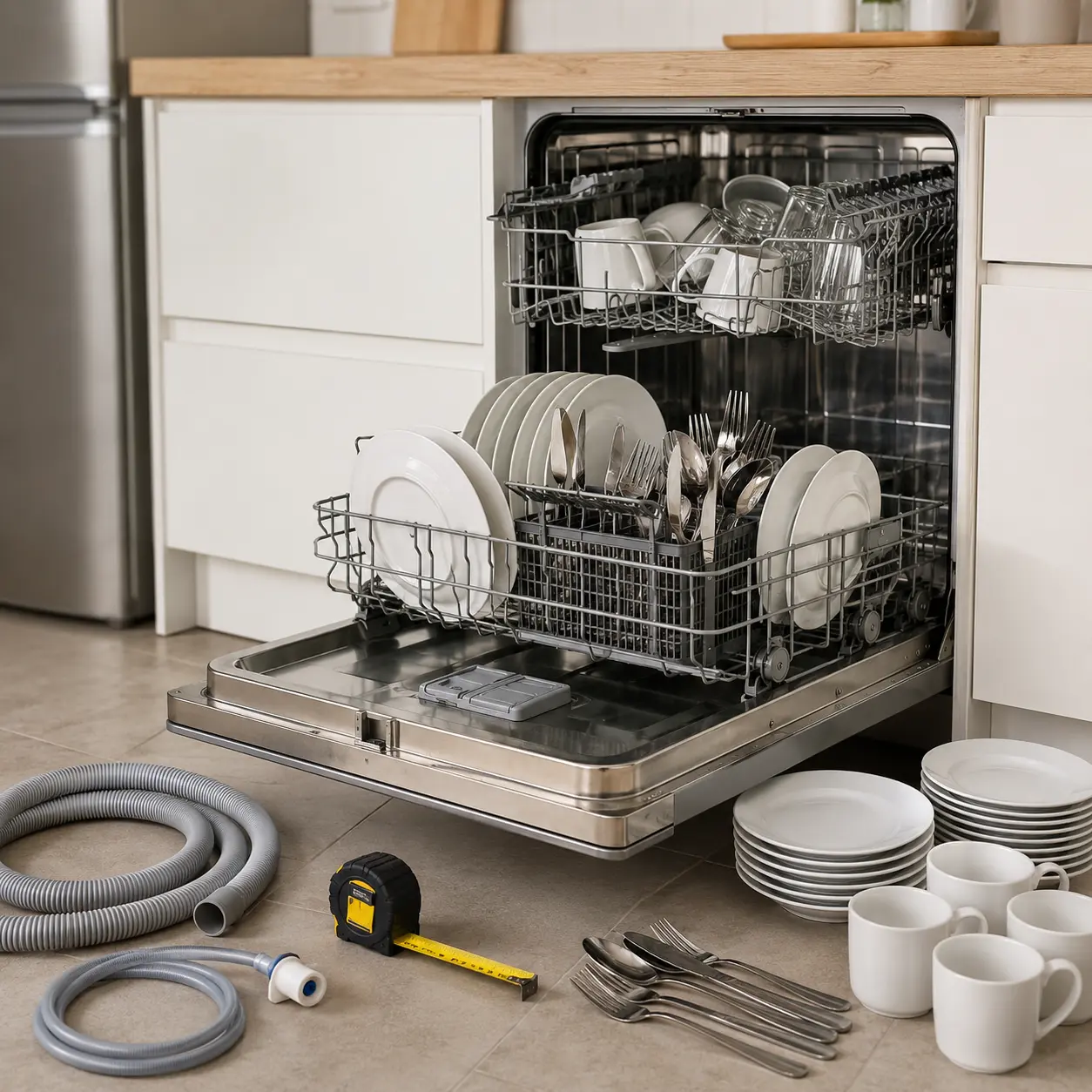 Open dishwasher with measuring tape hoses plates mugs and cutlery for buying checks