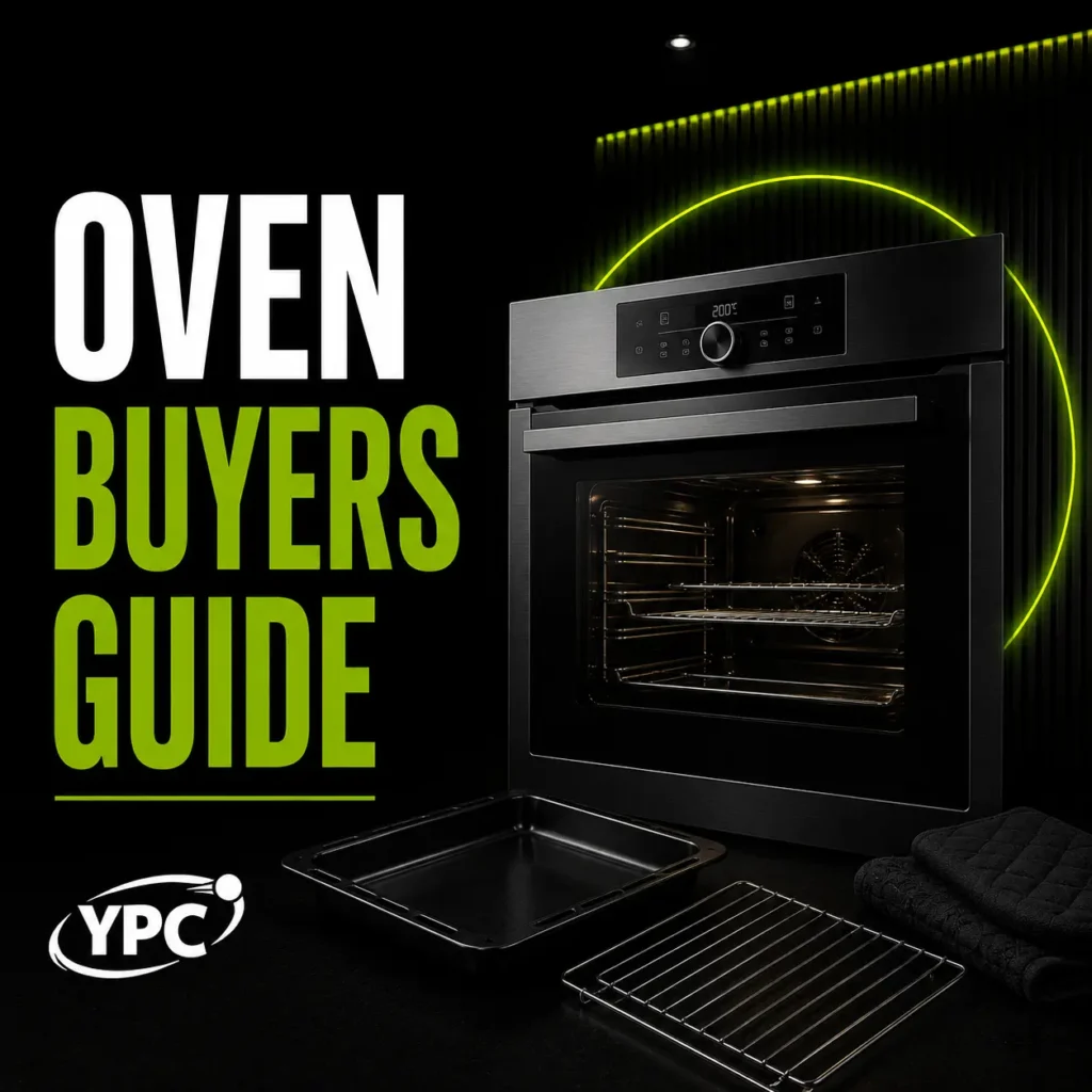 Oven Buyers Guide graphic with built in oven, baking tray, shelf rack, oven gloves and YPC logo