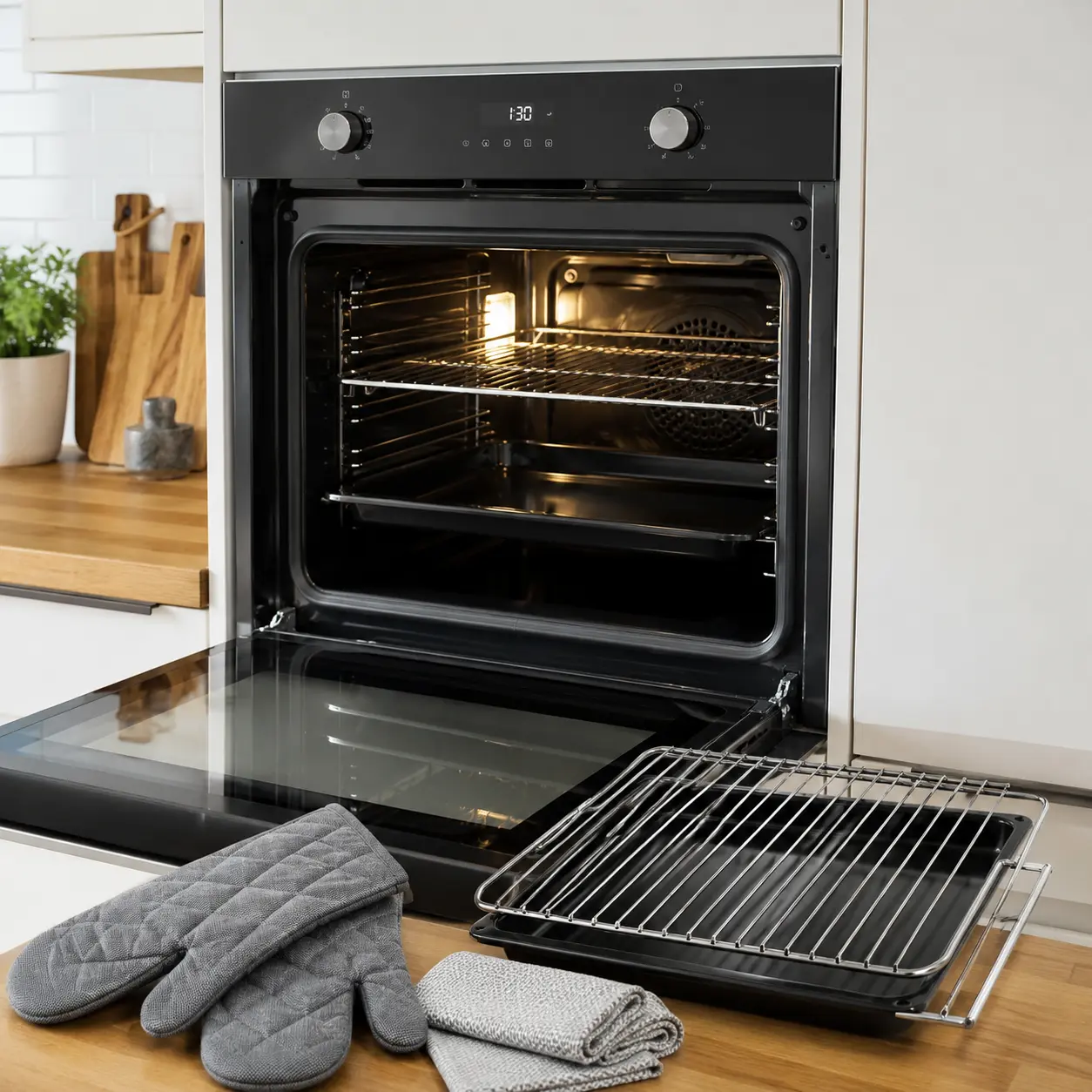 Oven with open door shelf racks baking tray oven gloves and cleaning cloth