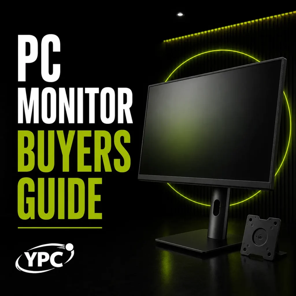 PC Monitor Buyers Guide graphic with black monitor, VESA mounting plate and YPC logo