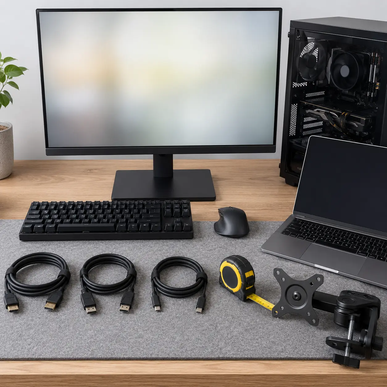 PC monitor setup with HDMI, DisplayPort and USB C cables, laptop, monitor bracket and tape measure