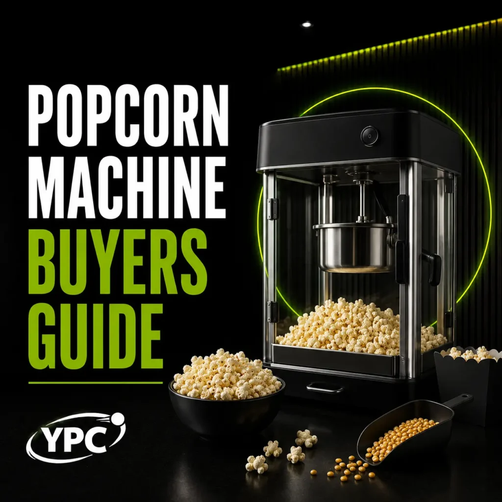 Popcorn Machine Buyers Guide graphic with popcorn machine, popcorn bowl, kernel scoop and YPC logo