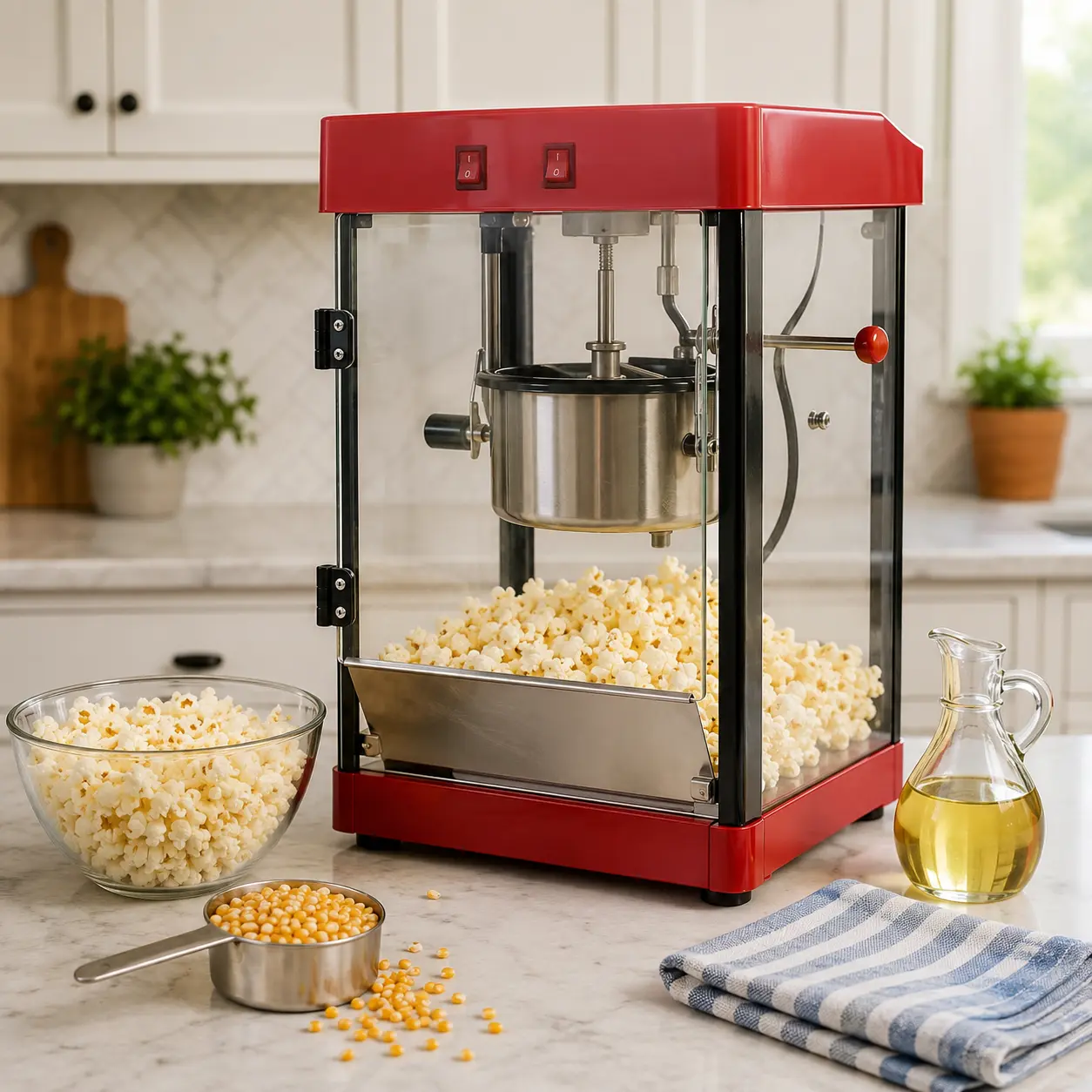 Popcorn machine with kernels scoop serving bowl oil jug and cleaning cloth