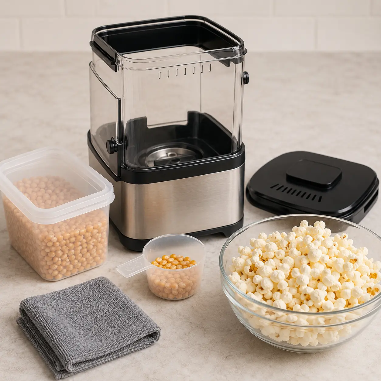 Popcorn machine with removable lid scoop serving bowl kernels and cleaning cloth