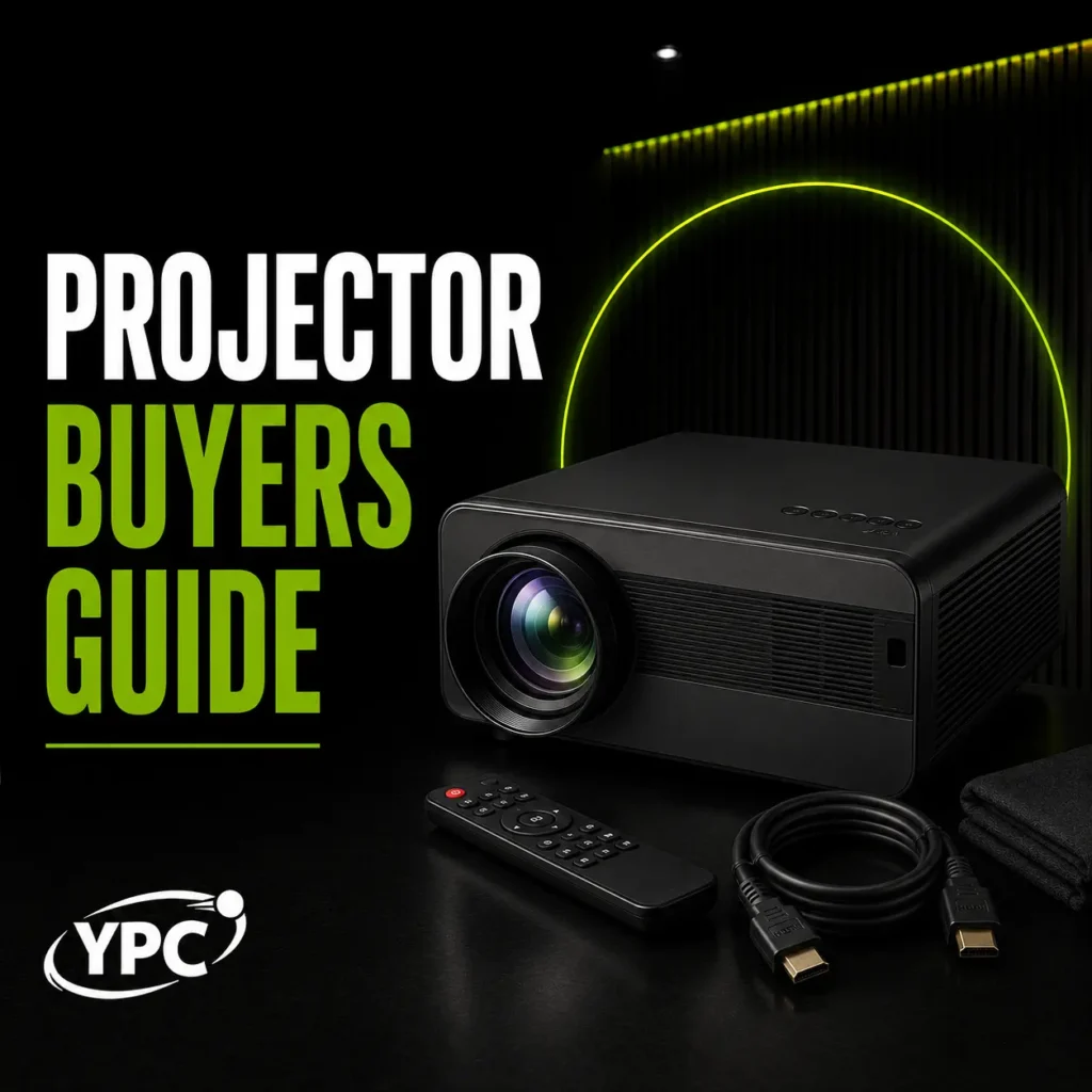 Projector Buyers Guide graphic with projector, remote control, HDMI cable and YPC logo