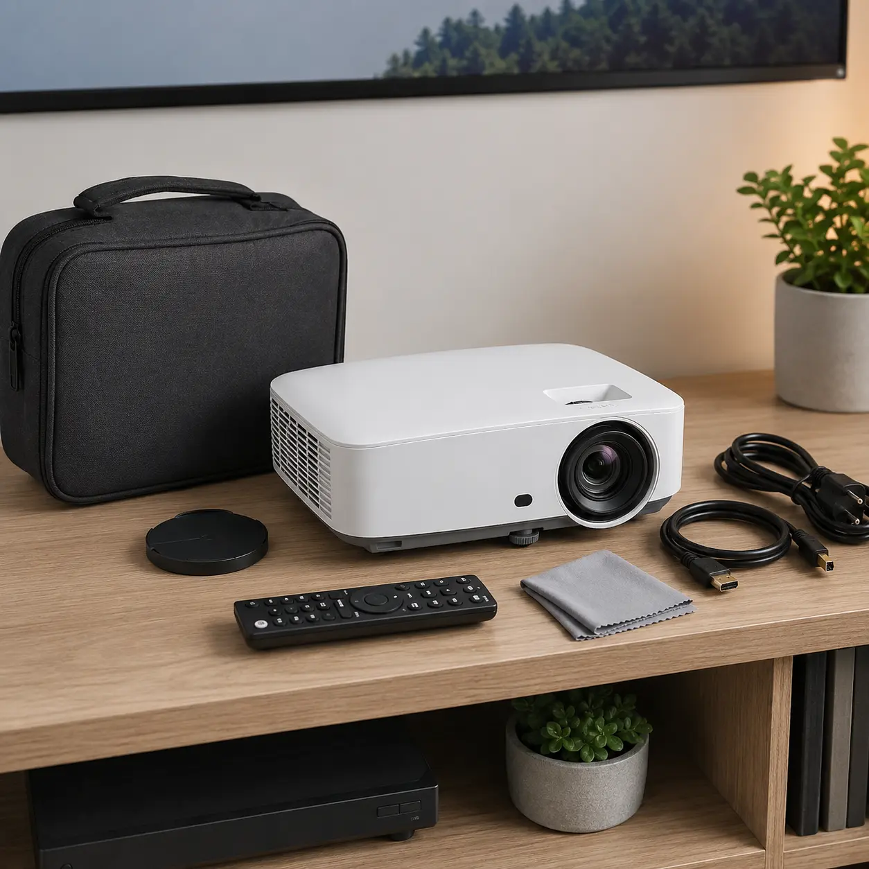 Projector with lens cap remote HDMI cable power cable and cleaning cloth