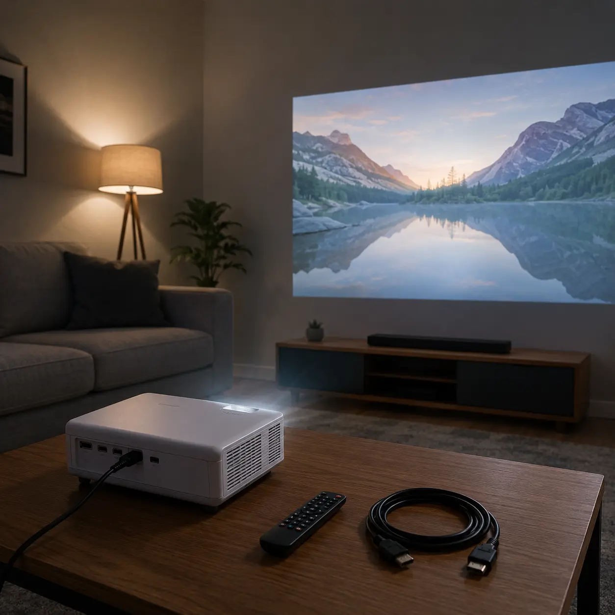 Projector with tape measure HDMI cable remote and screen area for buying checks