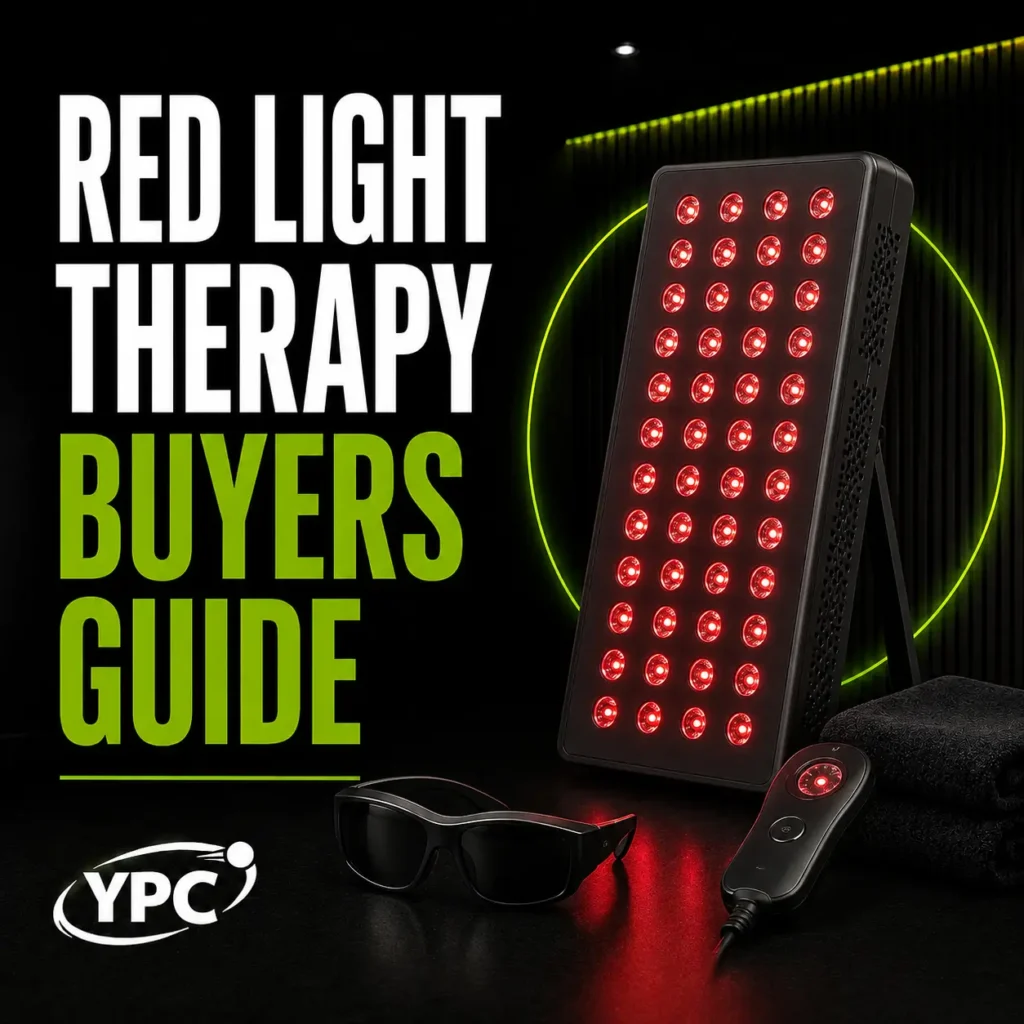 Red Light Therapy Buyers Guide graphic with red light panel, protective goggles, remote control and YPC logo