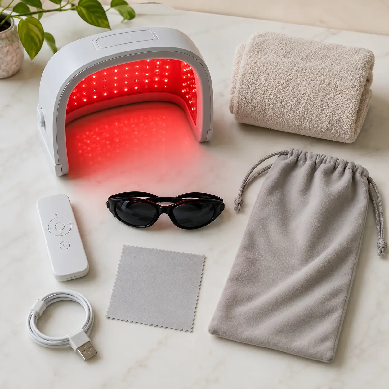 Red light therapy device with goggles remote charging cable cleaning cloth and storage pouch