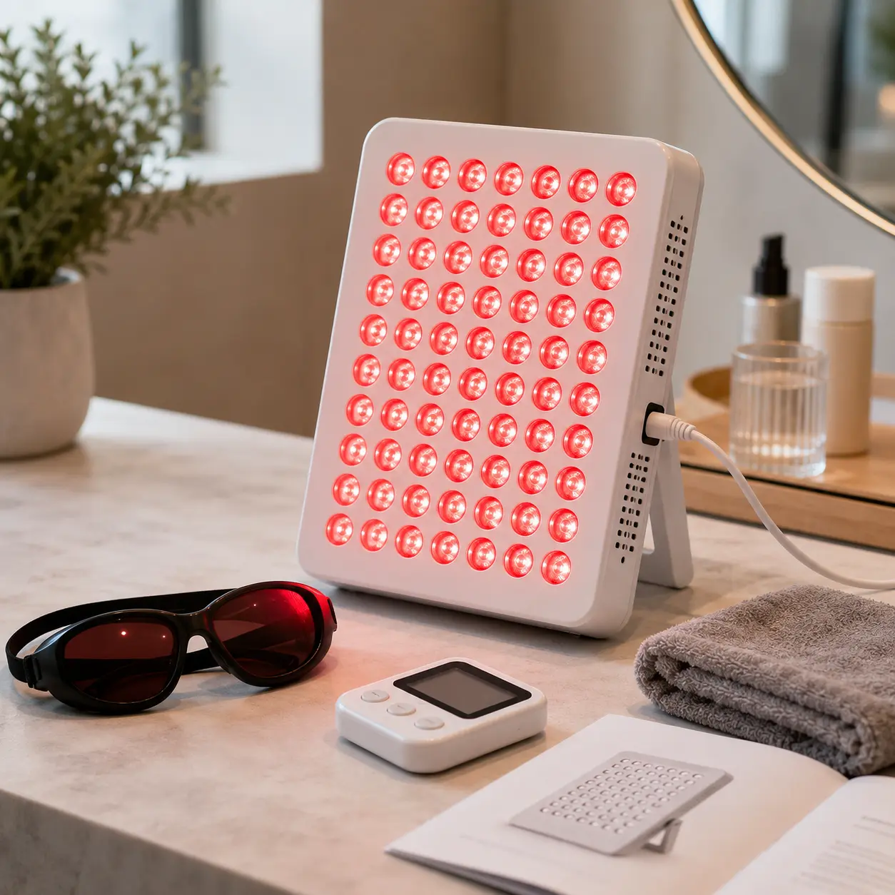 Red light therapy device with goggles timer power cable towel and instruction booklet