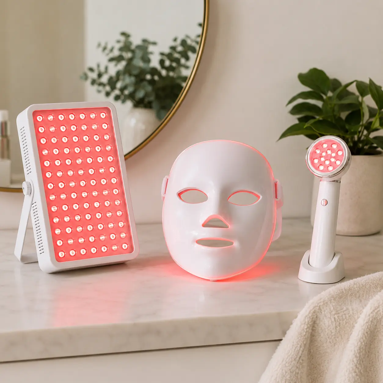 Red light therapy panel face mask and handheld wand compared on a wellness table