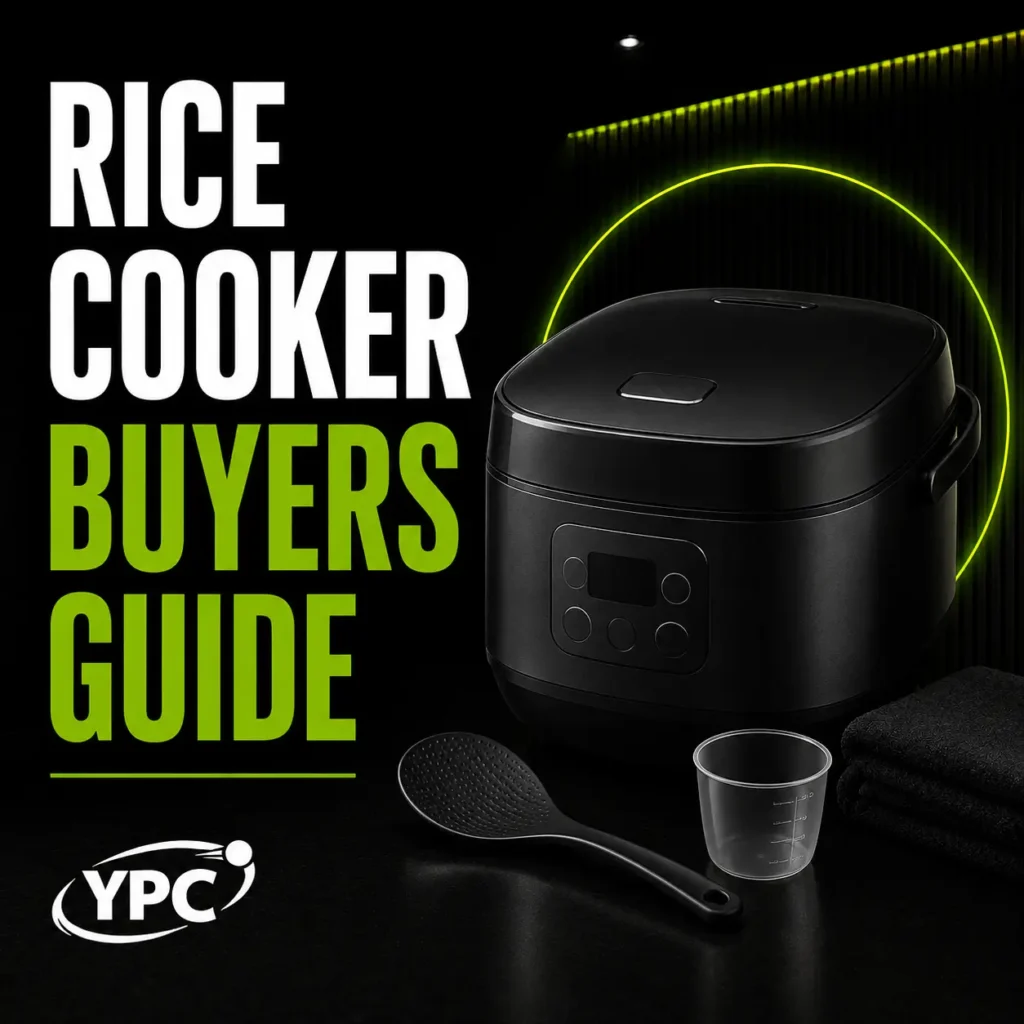 Rice Cooker Buyers Guide graphic with black rice cooker, rice paddle, measuring cup and YPC logo