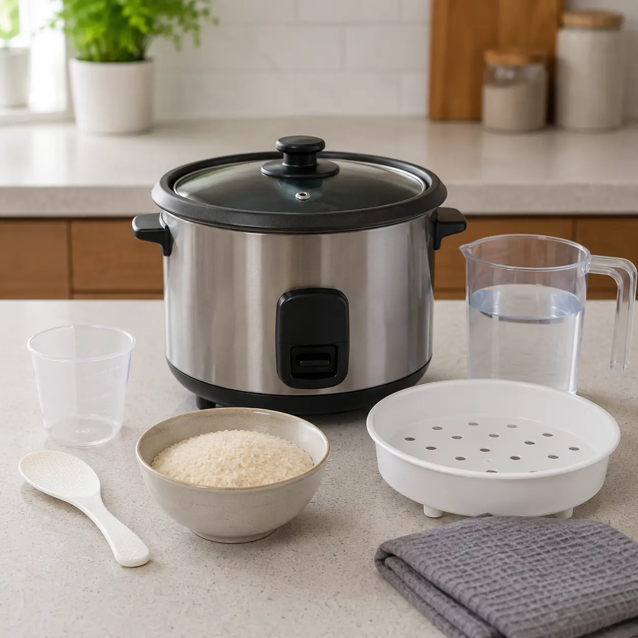 Rice cooker with measuring cup paddle rice bowl water jug steam tray and cleaning cloth