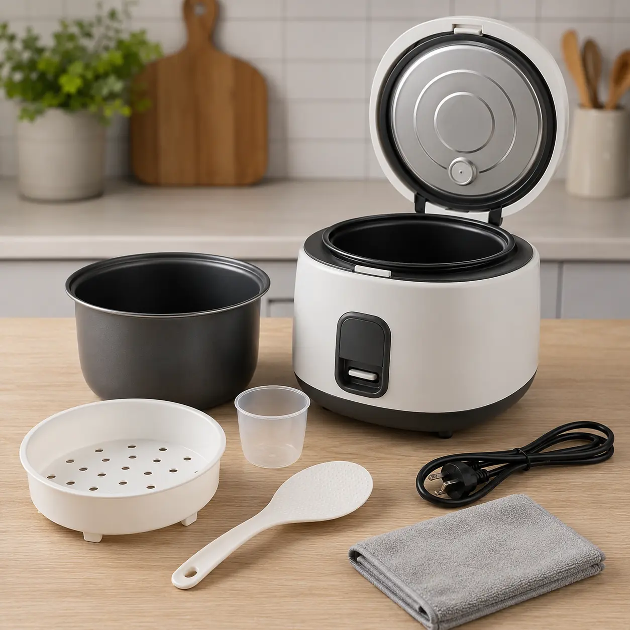 Rice cooker with removable bowl lid measuring cup paddle steam tray and cleaning cloth