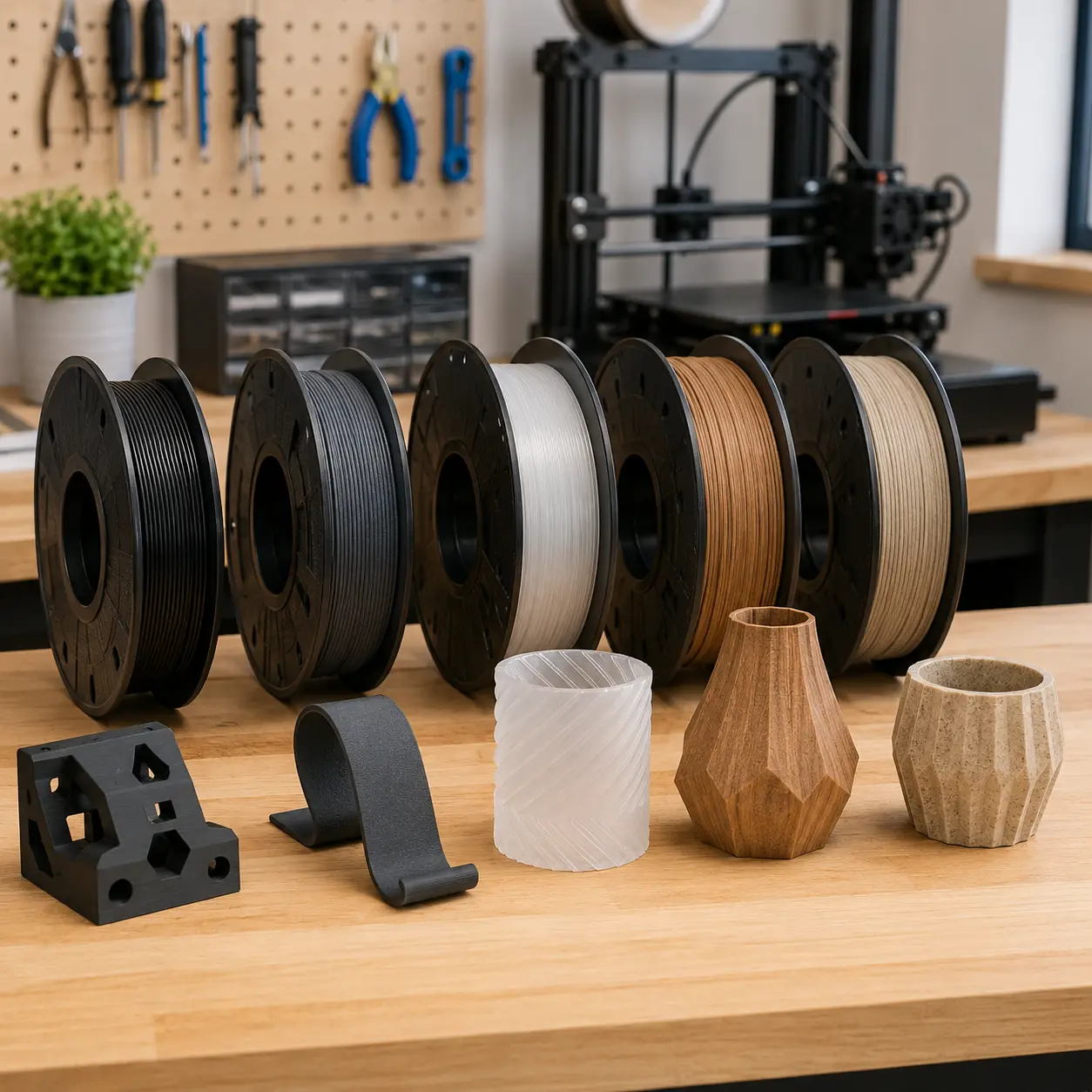 Rigid, flexible, translucent, wood effect and fibre filled 3D printer filaments compared on a workshop desk
