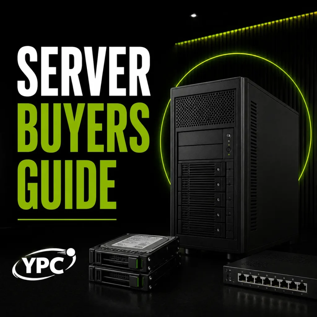 Server Buyers Guide graphic with black tower server, hard drives, network switch and YPC logo