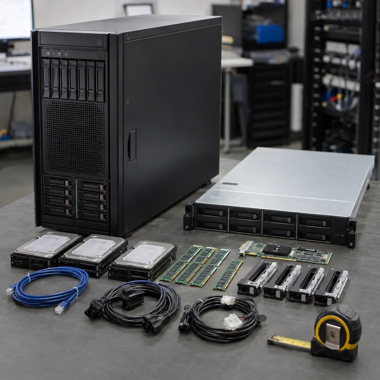 Server setup with storage drives, ECC memory, RAID controller, network cables, drive caddies and power cables