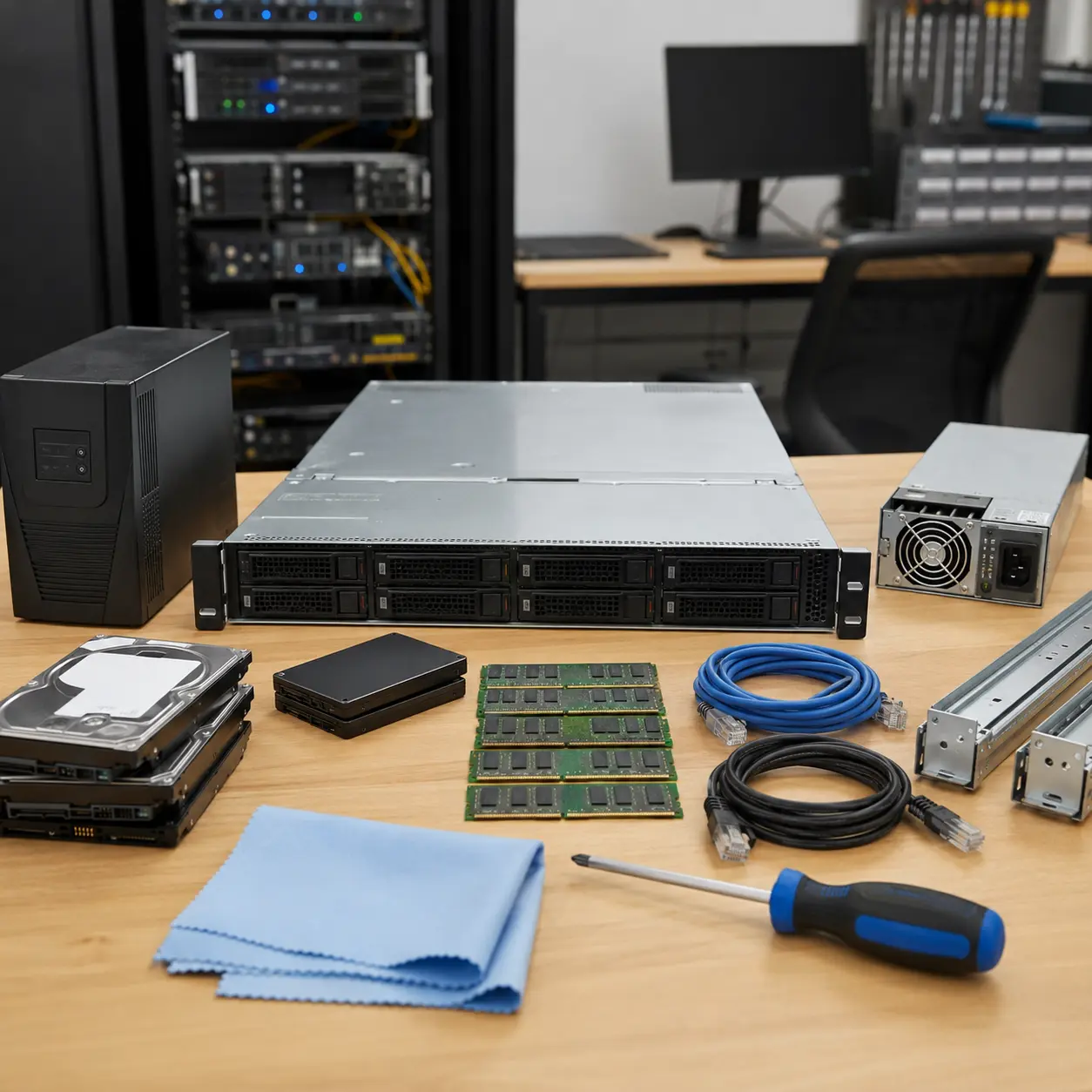 Server with drives, ECC memory, network cables, power supply, rack rails, UPS and maintenance accessories