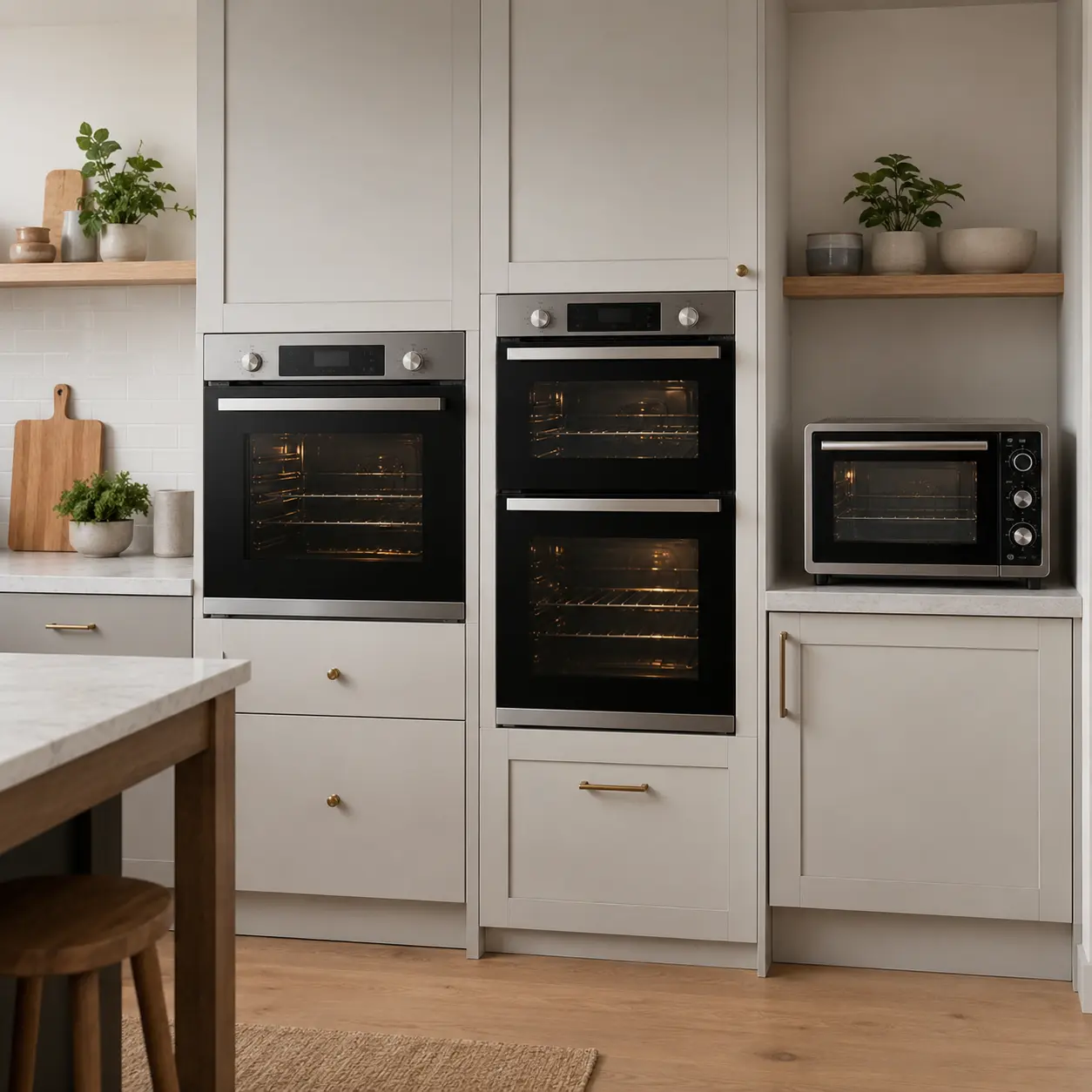 Single double and compact ovens compared in a modern kitchen