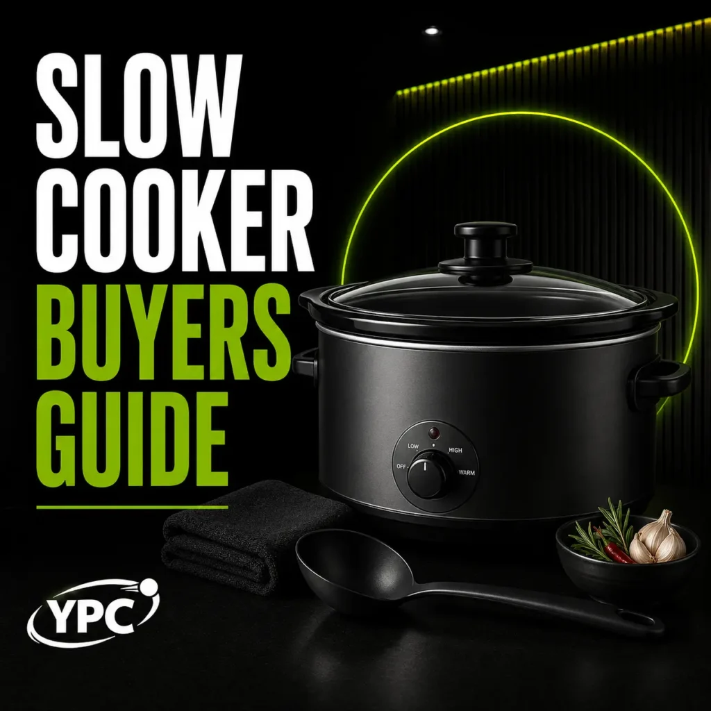 Slow Cooker Buyers Guide graphic with black slow cooker, serving spoon, folded cloth, bowl of garlic and herbs, and YPC logo