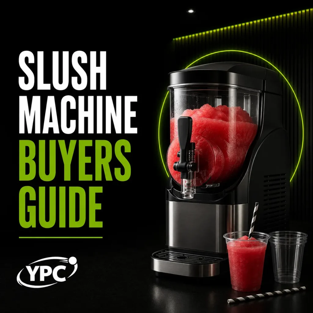 Slush Machine Buyers Guide graphic with black slush machine, red slush, clear cups, straw and YPC logo