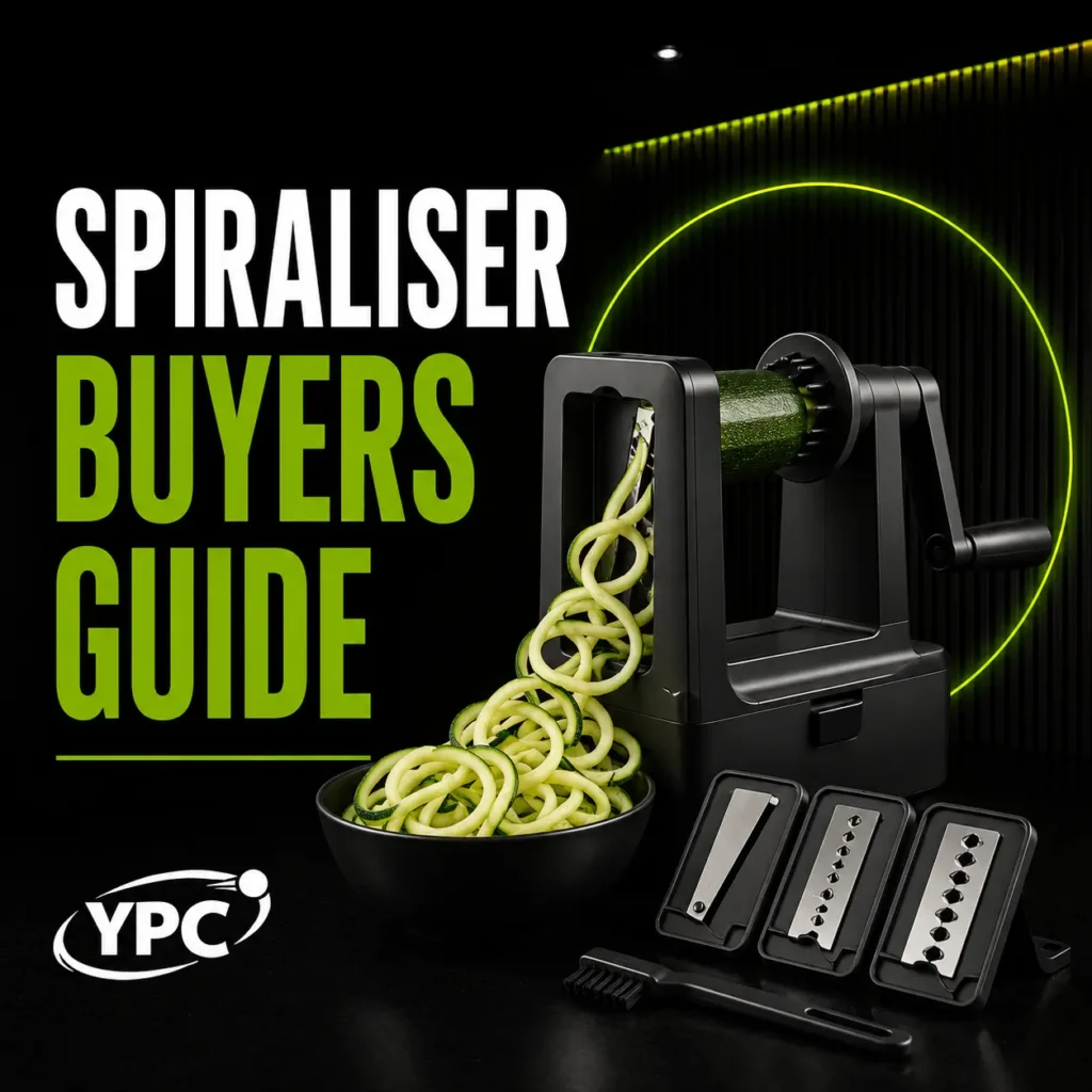 Spiraliser Buyers Guide graphic with black spiraliser, courgette noodles, blade inserts, cleaning brush and YPC logo