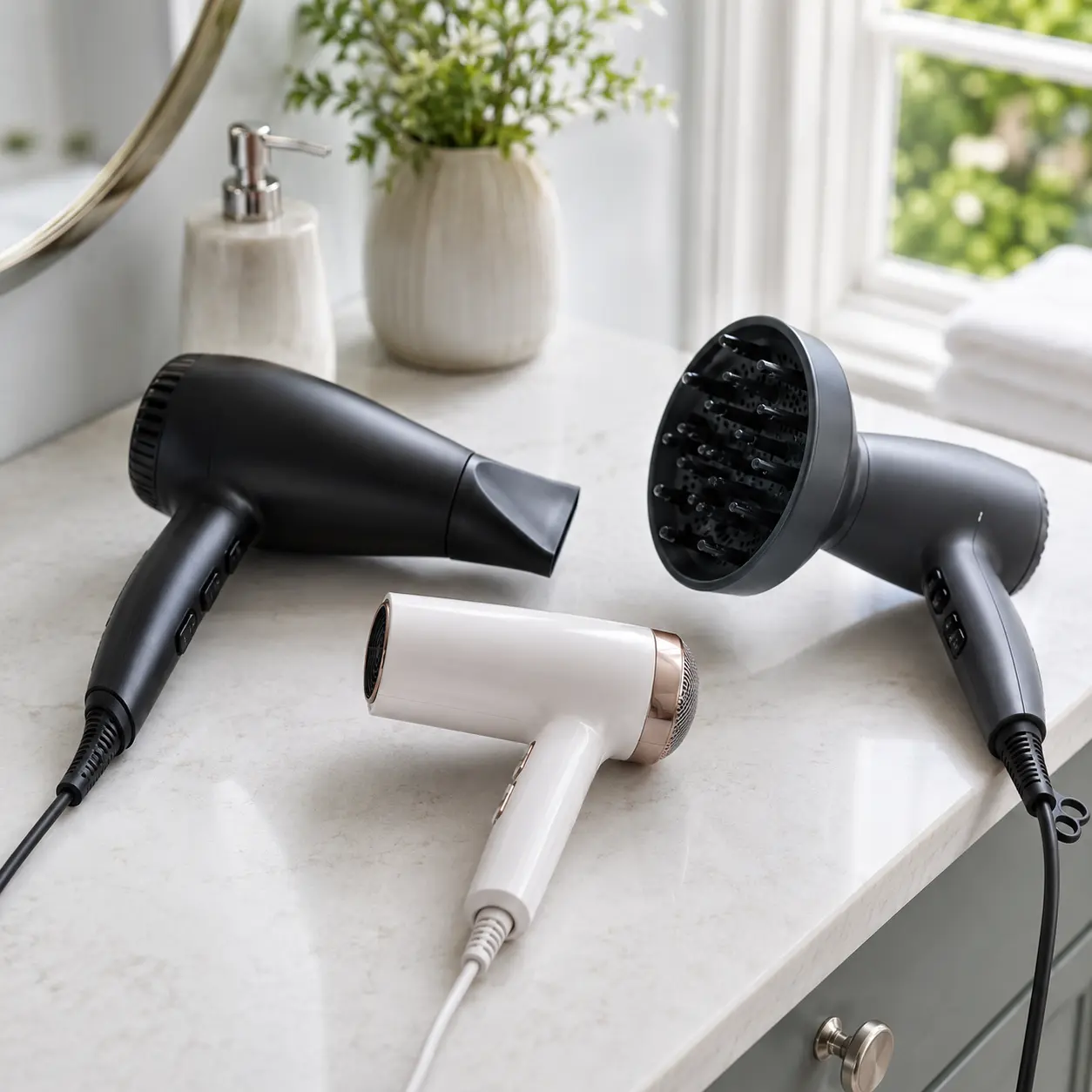 Standard compact and diffuser hair dryers compared on a dressing table