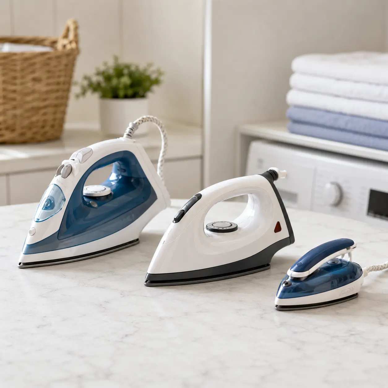 Steam iron dry iron and compact travel iron compared on a laundry room surface