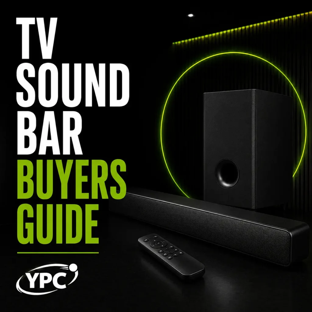 TV Sound Bar Buyers Guide graphic with black sound bar, subwoofer, remote control and YPC logo