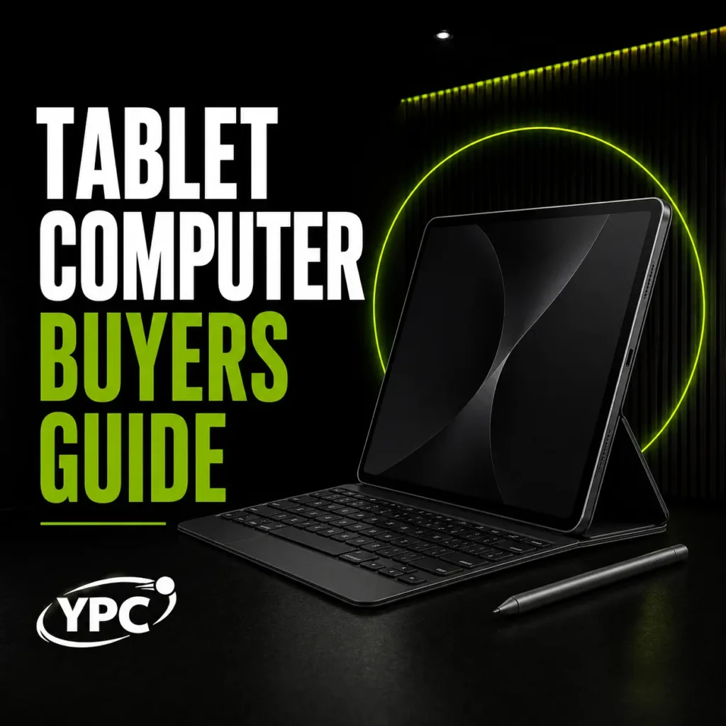 Tablet Computer Buyers Guide graphic with black tablet, detachable keyboard, stylus and YPC logo