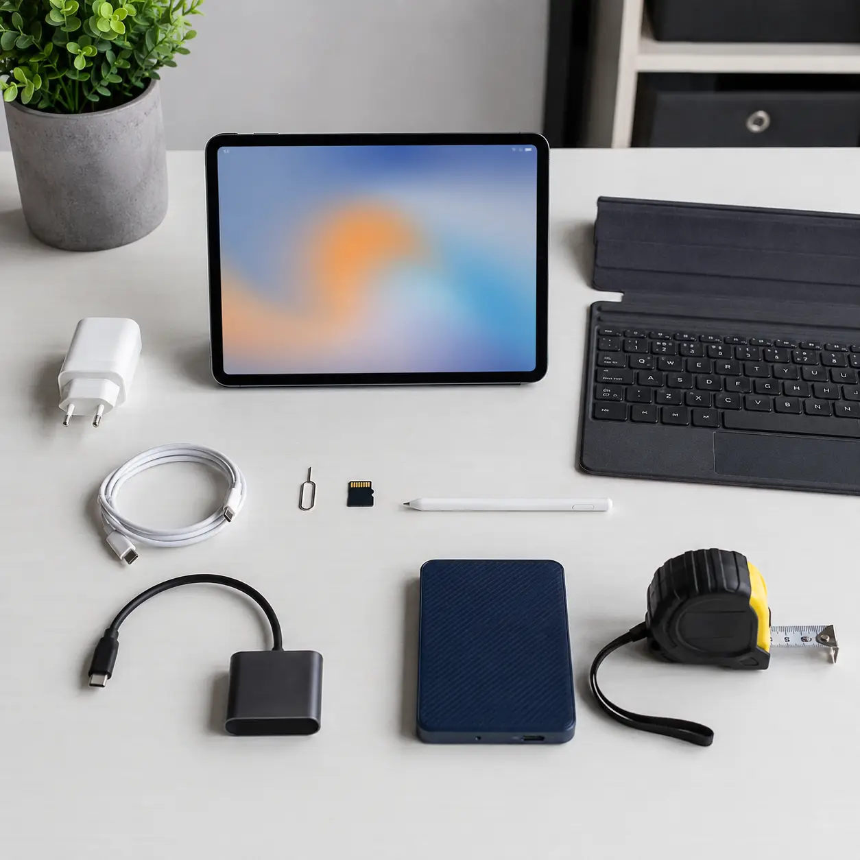 Tablet setup with charger, SIM tool, memory card, stylus, keyboard case, adaptor and external storage