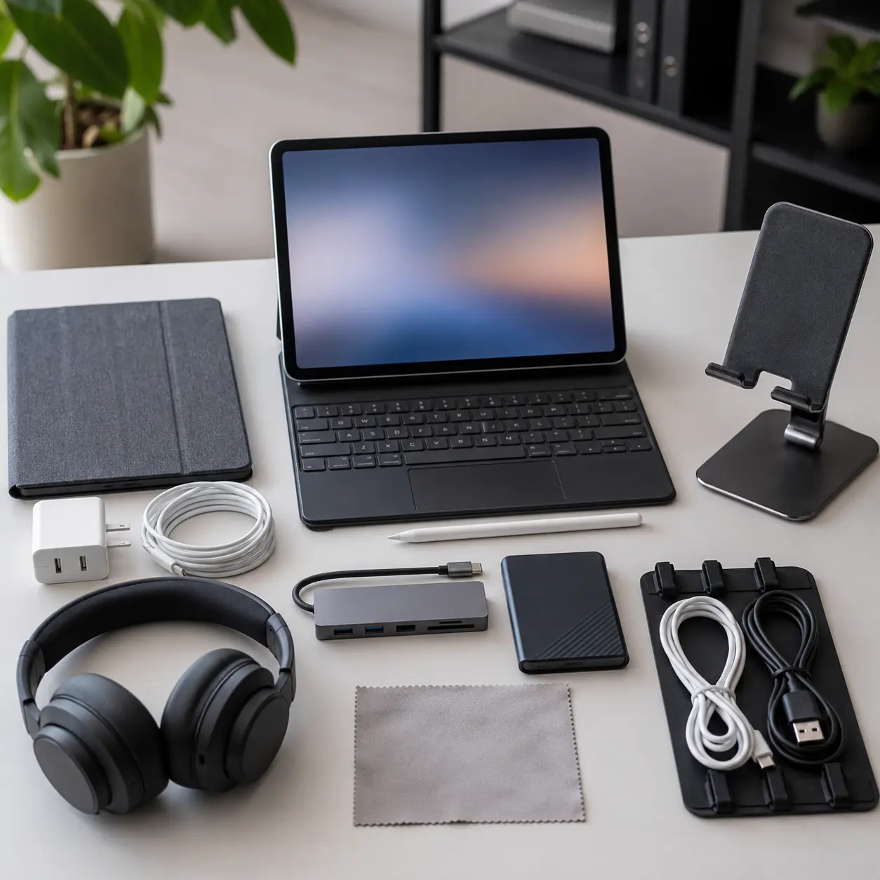 Tablet with charger, stylus, keyboard case, protective cover, USB hub, external SSD and cleaning accessories