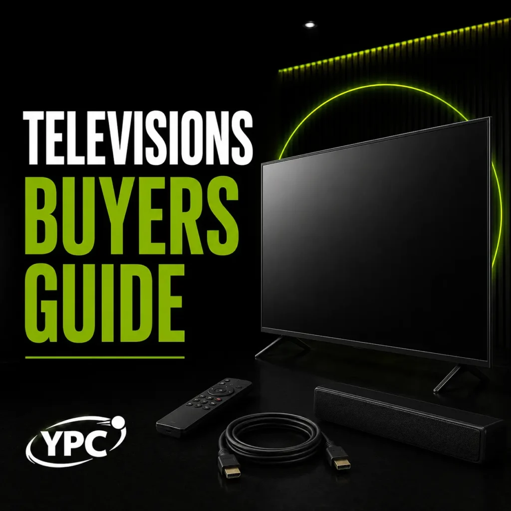 Televisions Buyers Guide graphic with flat screen TV, remote control, HDMI cable, soundbar and YPC logo