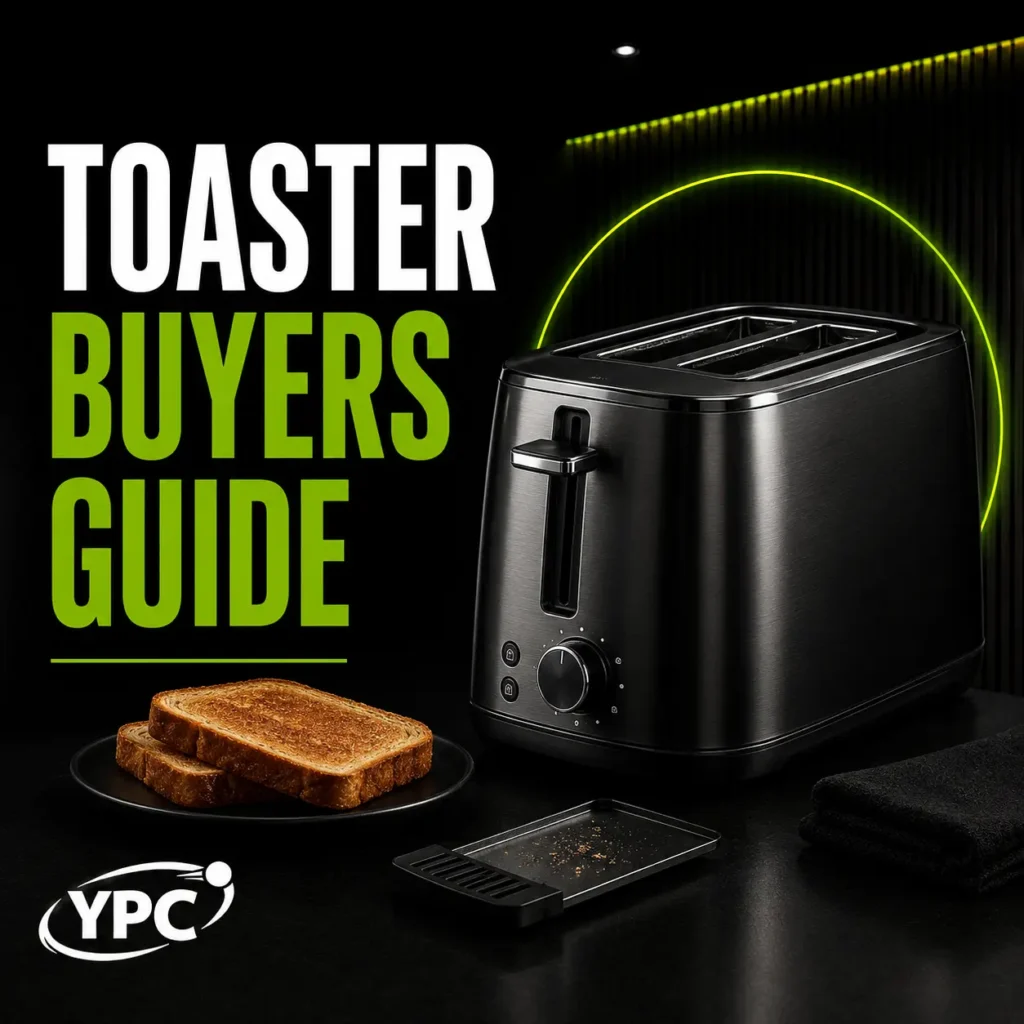 Toaster Buyers Guide graphic with black toaster, toast slices, crumb tray, folded cloth and YPC logo