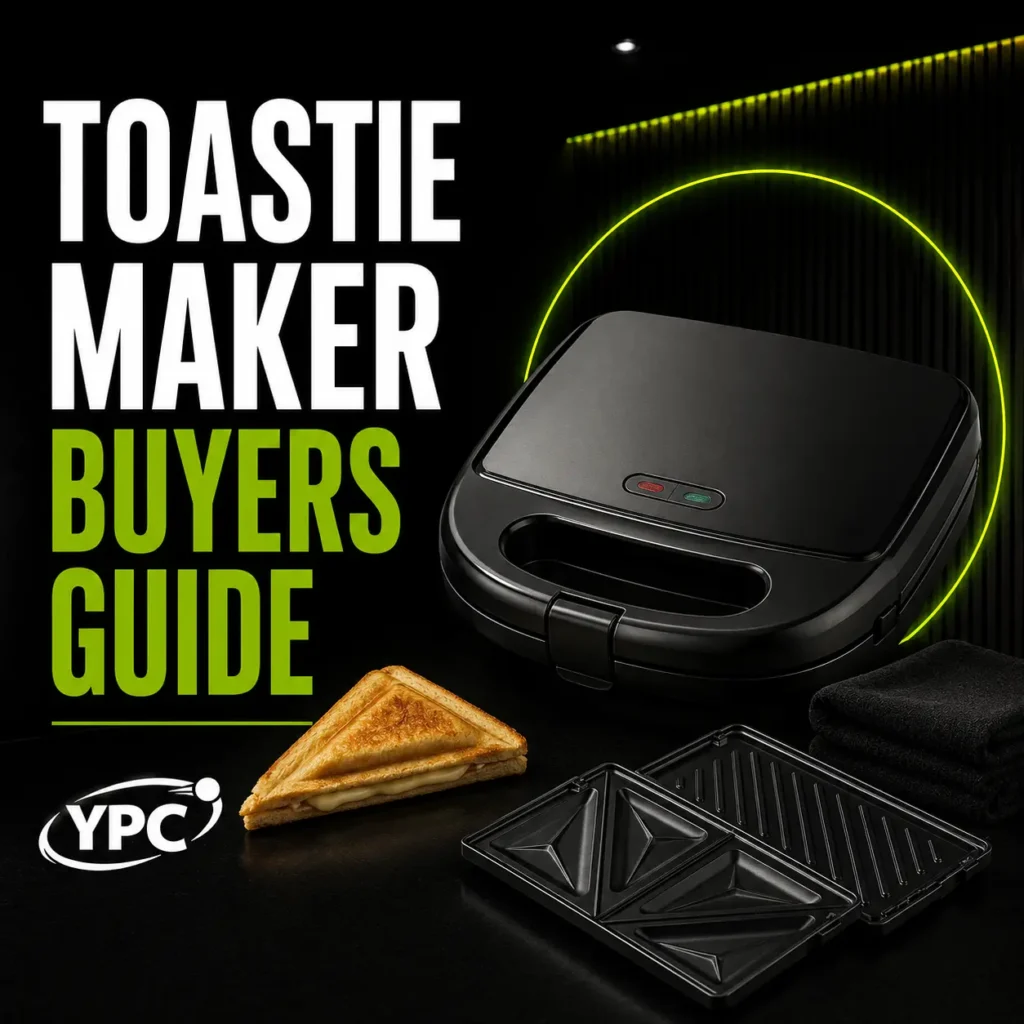 Toastie Maker Buyers Guide graphic with black toastie maker, toasted sandwich, removable plates, folded cloth and YPC logo
