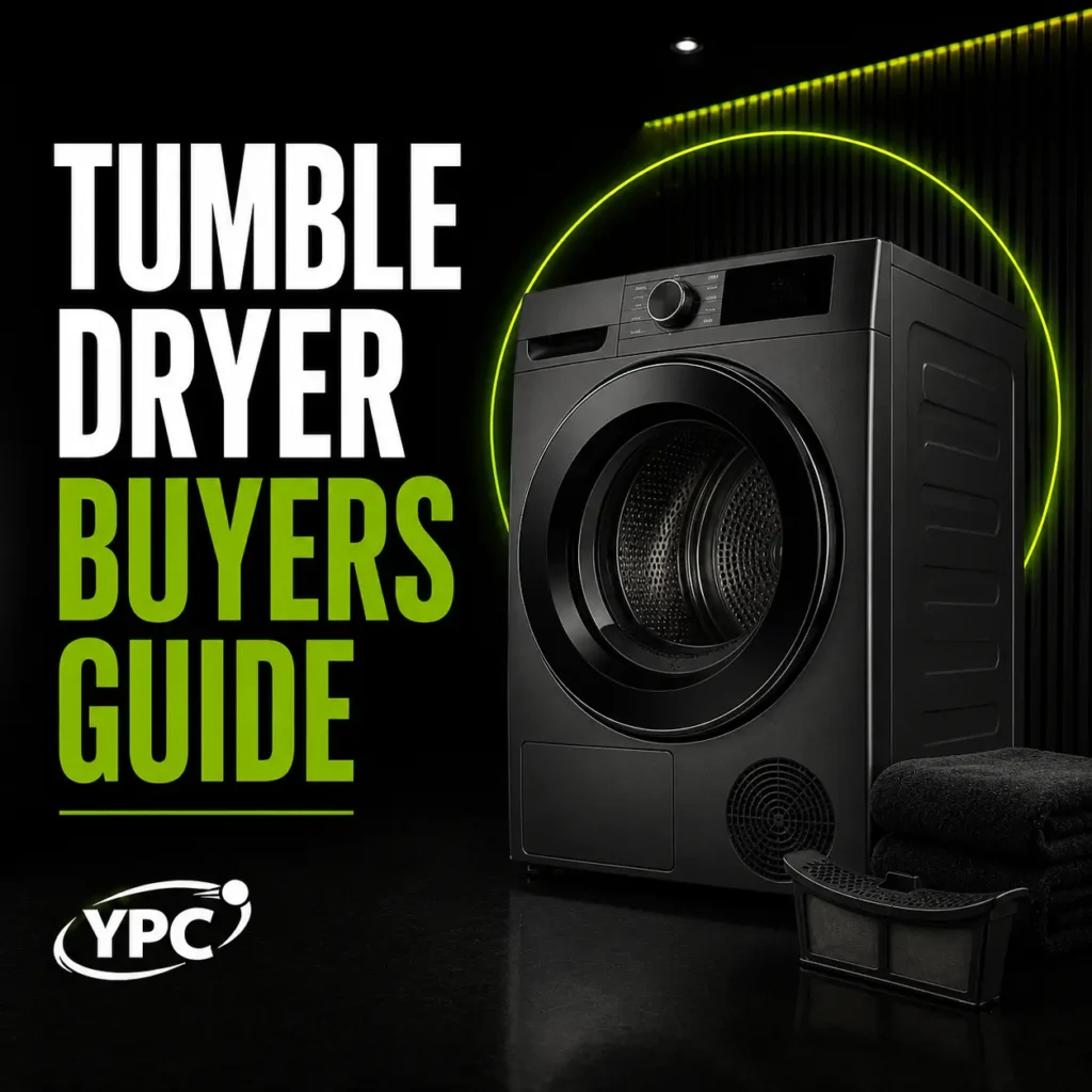 Tumble Dryer Buyers Guide graphic with black tumble dryer, lint filter, folded towels and YPC logo