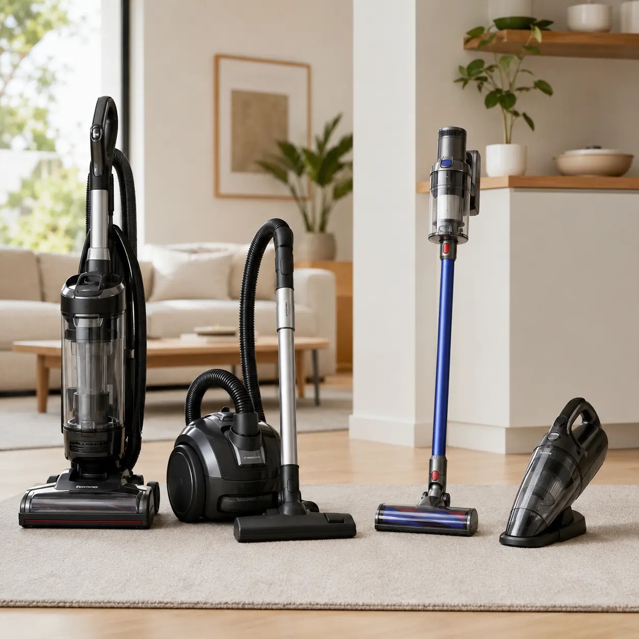 Upright, cylinder, cordless stick and handheld vacuum cleaners compared in a clean home setting
